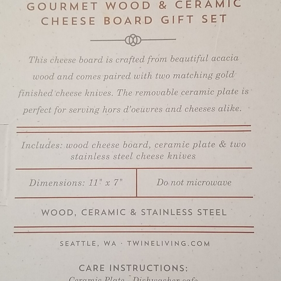 Twine Living Co Dining Gourmet Wood Ceramic Cheese Board Gift Set